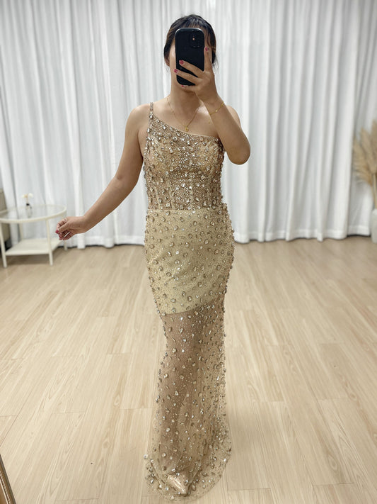 Champagne Mermaid Evening Gowns Sparkly Rhinestones Sleeveless Party Dresses for Women MB40381