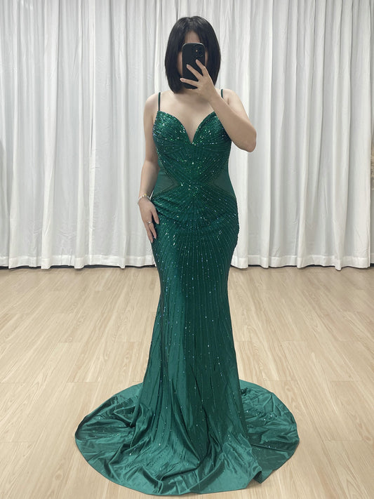Sexy Spaghetti Strap V Neck Sheer Waist Mermaid Prom Evening Gown for Formal MB40428