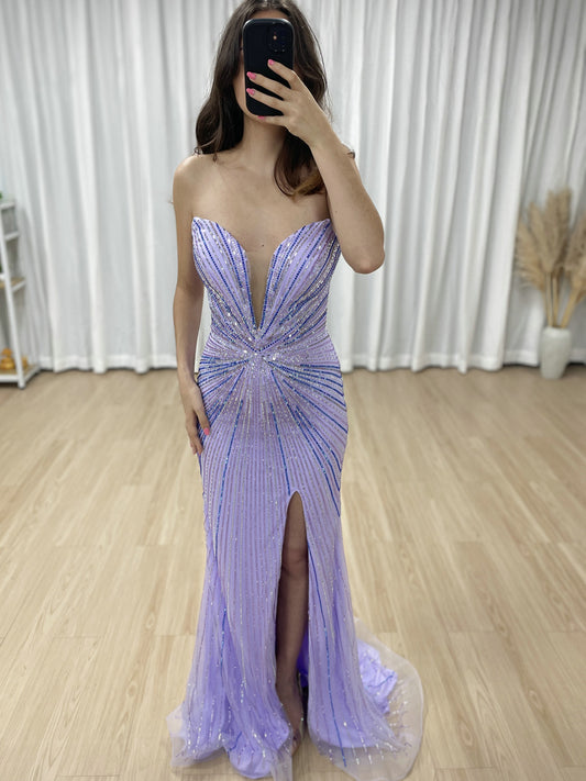 Sexy V Neck High Slit Beaded Embroidery Mermaid Prom Evening Gown for Formal Occasions MB40429
