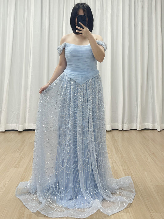 Elegant Off the Shoulder a Line Prom Evening Gown With Handmade Beading MB40432