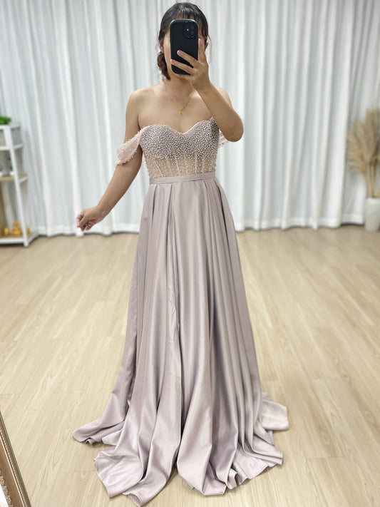 Pink Strapless Beaded Bodice A-Line Evening Dress Satin Skirt Formal Prom MY30150