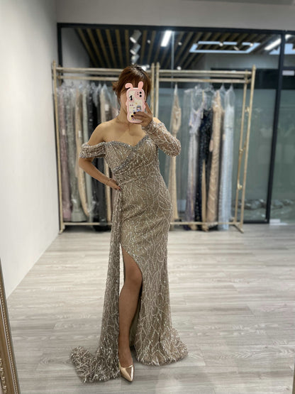 Off Shoulder High Split Long Sleeve Party Dress DDS056B