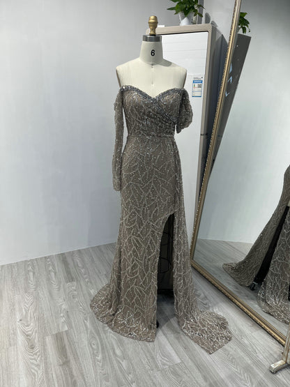 Off Shoulder High Split Long Sleeve Party Dress DDS056B